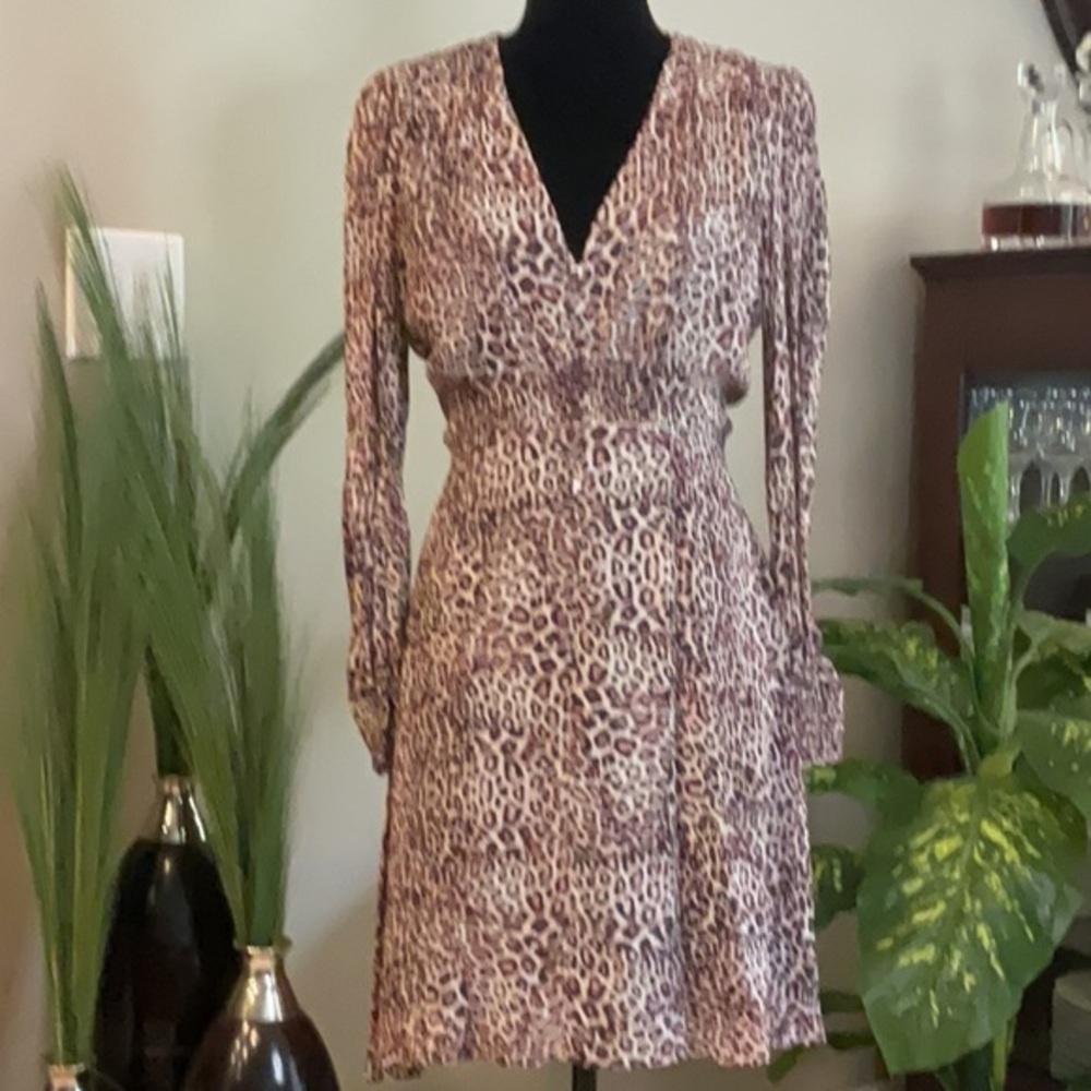 HALE BOB -  Tan Brown Sheath Dress V-Neck Bishop Slit Sleeve
